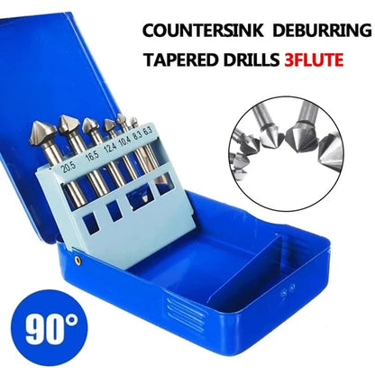 6pcs HSS 90 Degree Countersink Drill Bits Set (6.3, 8.3, 10.4, 12.4, 16.5 & 20.5mm) for Metal and Woodworking Chamfering Cutter Bits & Blue Tin Case
