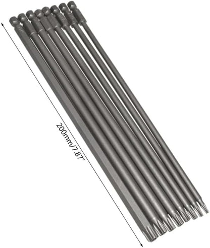 8 Pack of 200mm 7.9" Magnetic Long Reach Security Torx Bit Set (T8, T10, T15, T20, T25, T27, T30, T40) 1/4" Hex Shank - Star Screw Driver Drill Bits