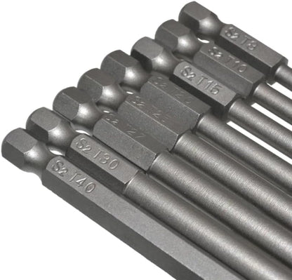 8 Pack of 200mm 7.9" Magnetic Long Reach Security Torx Bit Set (T8, T10, T15, T20, T25, T27, T30, T40) 1/4" Hex Shank - Star Screw Driver Drill Bits
