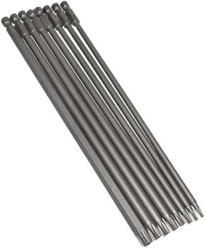 8 Pack of 200mm 7.9" Magnetic Long Reach Security Torx Bit Set (T8, T10, T15, T20, T25, T27, T30, T40) 1/4" Hex Shank - Star Screw Driver Drill Bits
