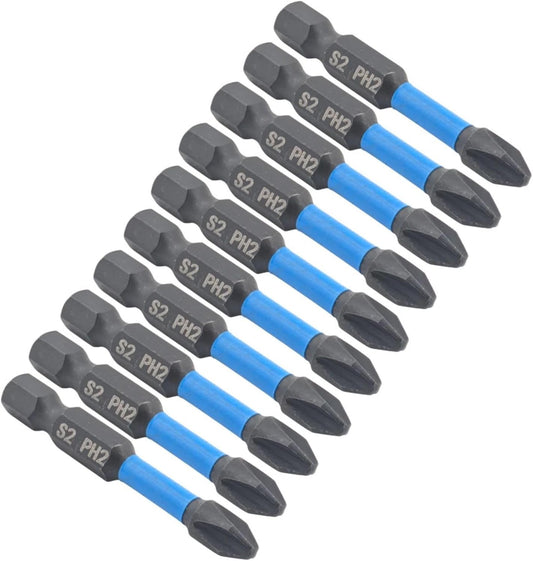 Black Magnetic 10pcs PZ2 50mm Pozi Drive 2 Impact Duty Screwdriver Drill Bits Set S2 Steel
