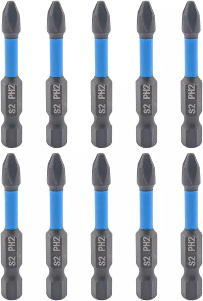Black Magnetic 10pcs PZ2 50mm Pozi Drive 2 Impact Duty Screwdriver Drill Bits Set S2 Steel