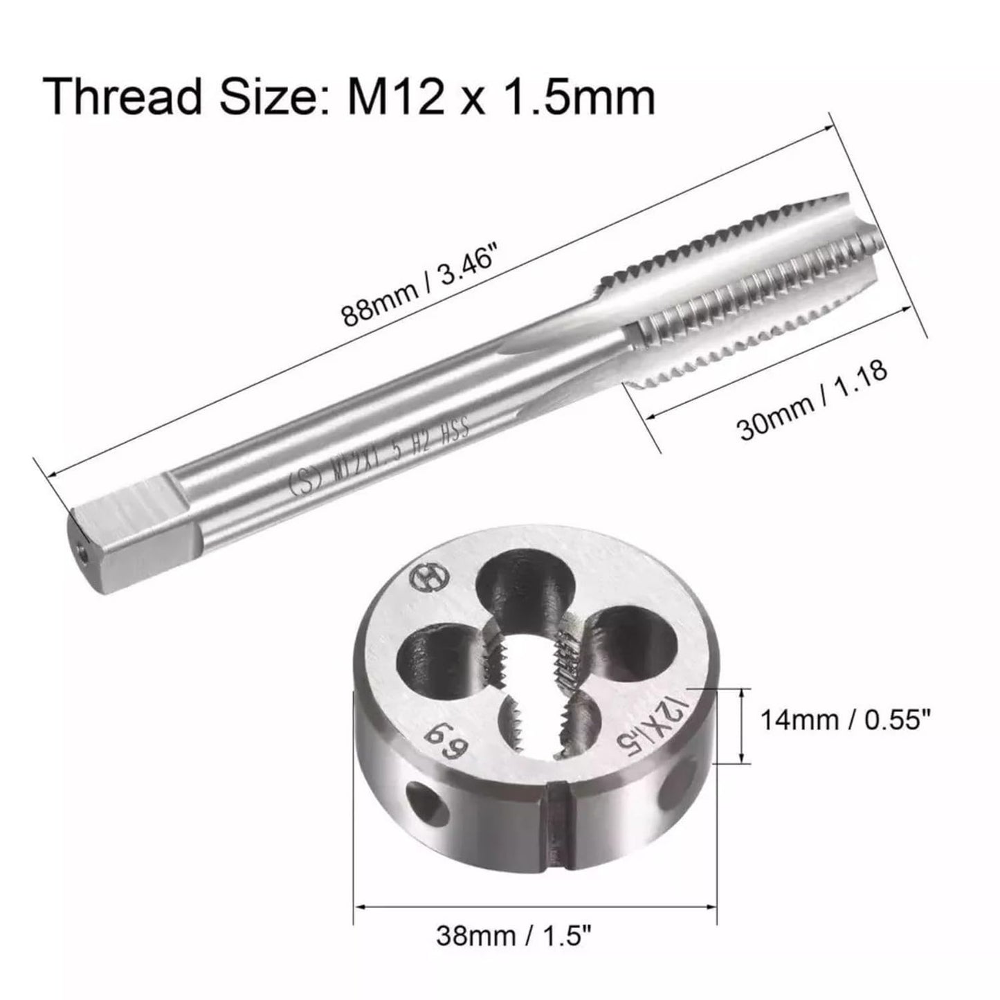 M12 x 1.5mm Metric Tap and Die Set HSS Machine Thread Tap with Round Die