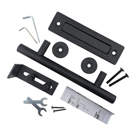 Sliding Barn Door Handle & Adjustable Floor Guide Set – Black Pull Handle with Roller Guide for Wooden Sliding Doors