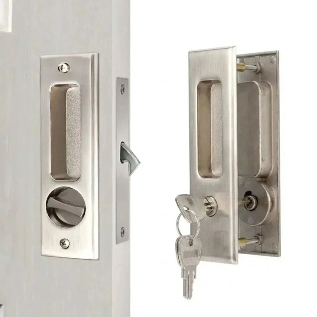 Sliding Door Lock Latch with Turn Knob & Key Invisible Recessed Handle Silver
