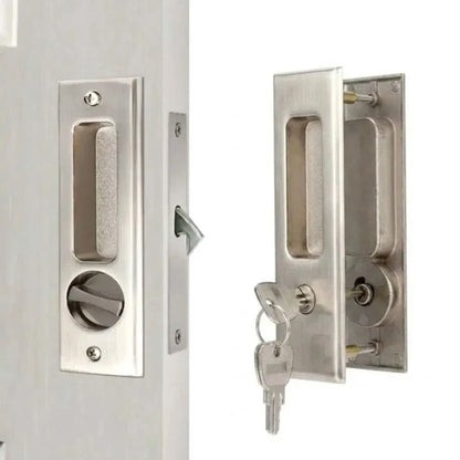 Sliding Door Lock Latch with Turn Knob & Key Invisible Recessed Handle Silver