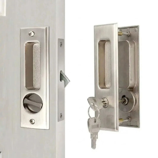 Sliding Door Lock Latch with Turn Knob & Key Invisible Recessed Handle Silver
