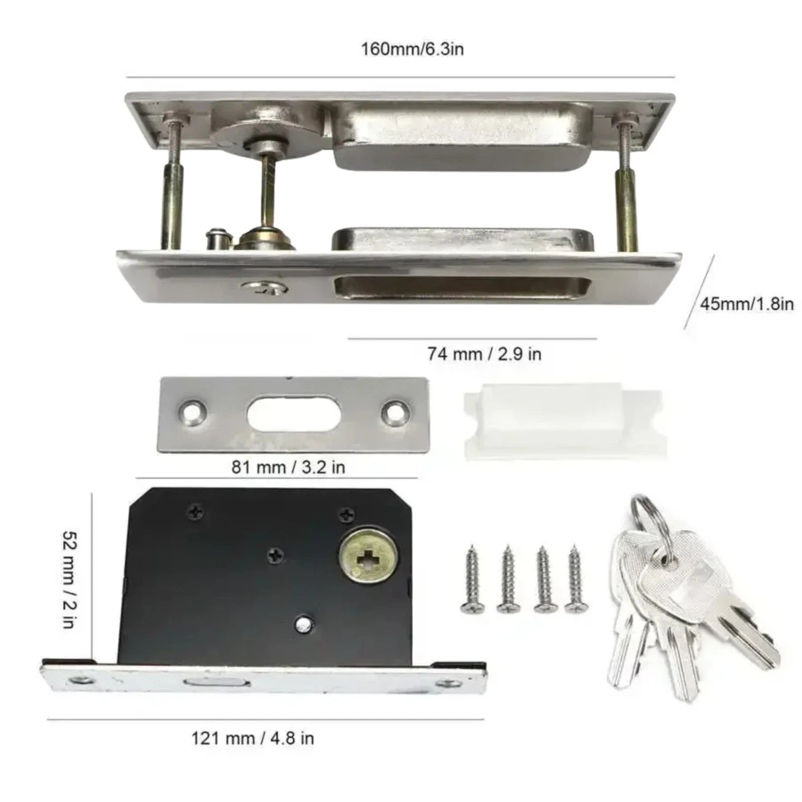 Sliding Door Lock Latch with Turn Knob & Key Invisible Recessed Handle Silver