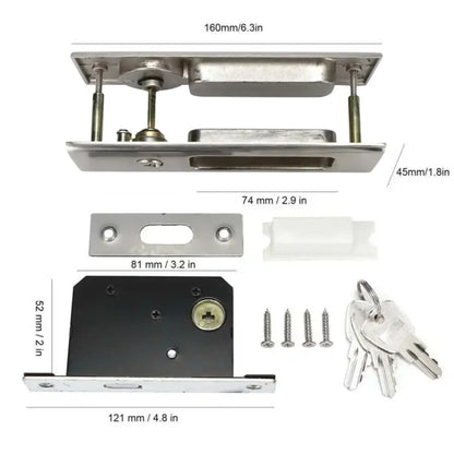 Sliding Door Lock Latch with Turn Knob & Key Invisible Recessed Handle Silver