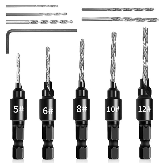 5pc Quick Change Adjustable Countersink Drill Bit Set 1/4" Hex + 5pc Spare Bits