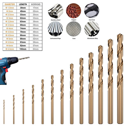 13pcs 5% Cobalt Drill Bit Set M35 HSS for Steel, Cast Iron, Metal, Wood, Plastic
