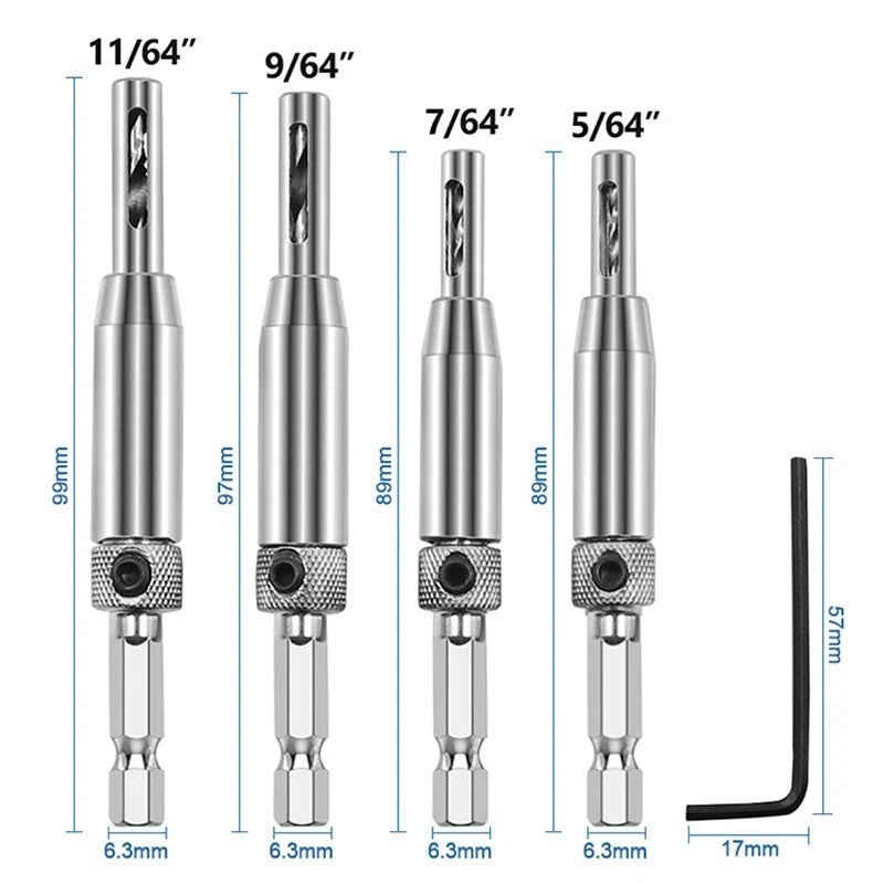 4pc Self Centring Door Hinge Drill Bits Set 1/4"" Hex - 5/64" 7/64" 9/64" 11/64"