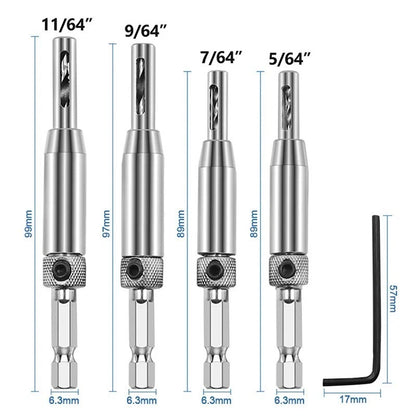 4pc Self Centring Door Hinge Drill Bits Set 1/4"" Hex - 5/64" 7/64" 9/64" 11/64"
