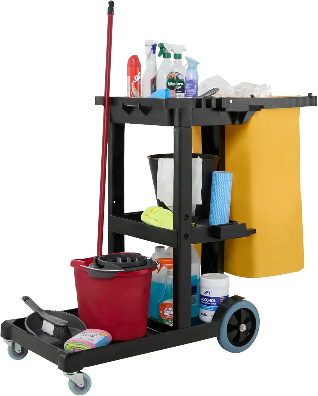 Cleaning Cart Trolley with Bag, Mop/Brush Holders & Shelves Professional Janitor