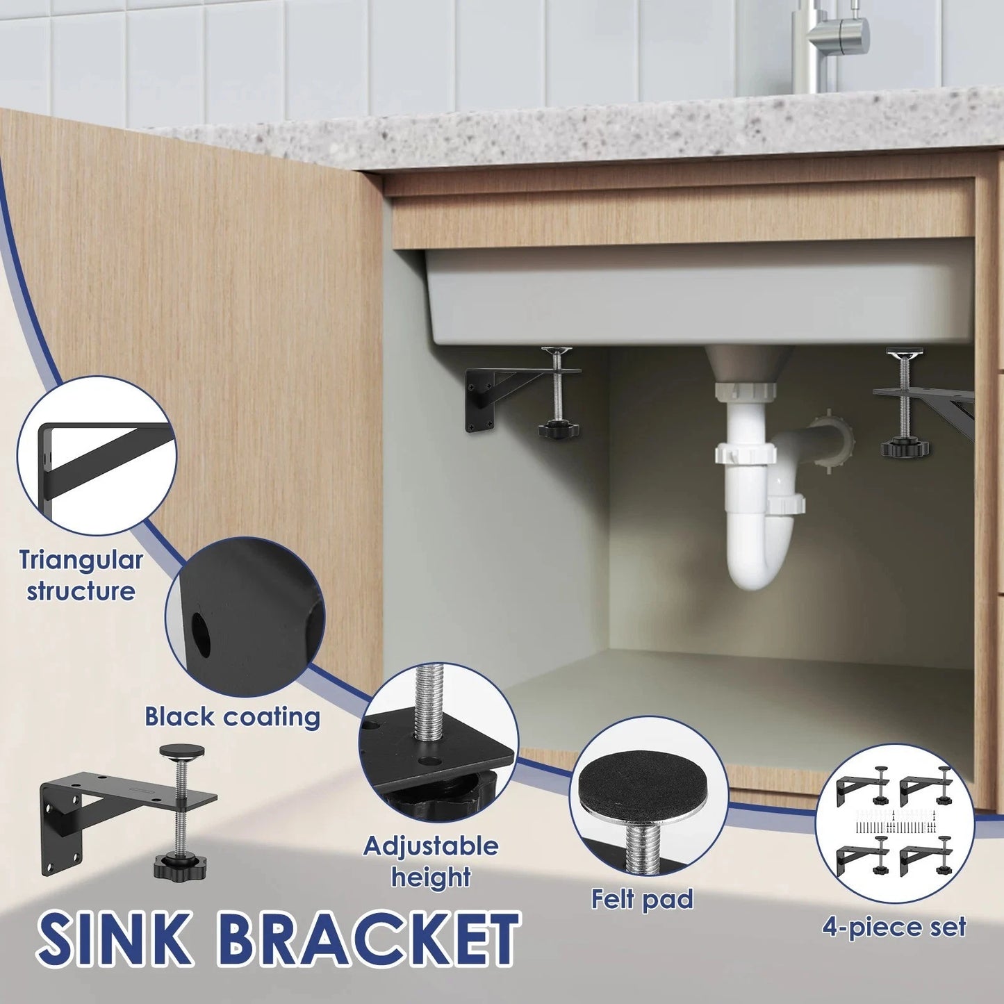 4pcs Heavy Duty Adjustable Undermount Sink Support Brackets Kit with Fixings