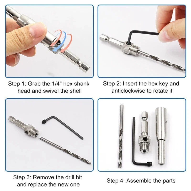 4pc Self Centring Door Hinge Drill Bits Set 1/4"" Hex - 5/64" 7/64" 9/64" 11/64"