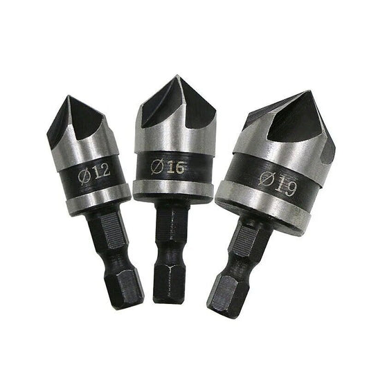 3pc 90 Degree Wood Countersink Bits Set 1/4 Inch Hex Shank ø12mm / ø16mm / ø19mm