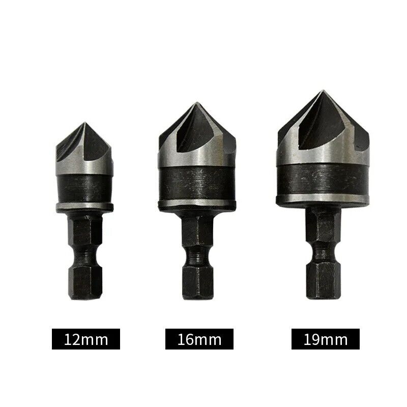 3pc 90 Degree Wood Countersink Bits Set 1/4 Inch Hex Shank ø12mm / ø16mm / ø19mm