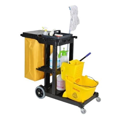 Cleaning Cart Trolley with Bag, Mop/Brush Holders & Shelves Professional Janitor
