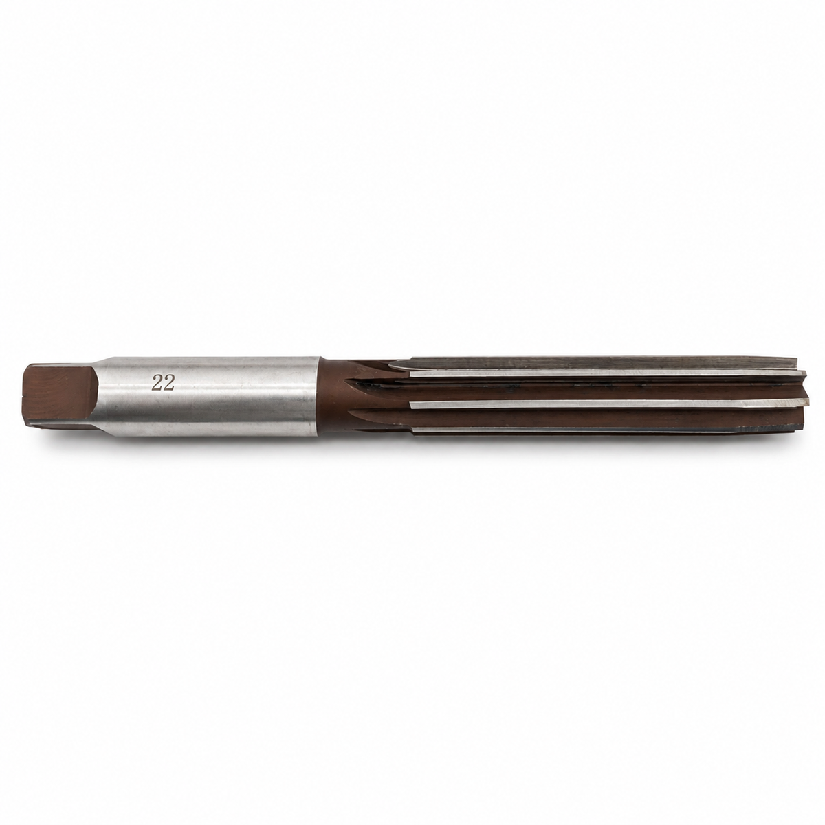 22mm H8 hand reamer, alloy tool steel, 8 straight flutes